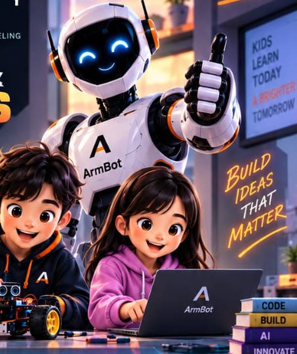 Two students building a robot alongside the ArmBot robot